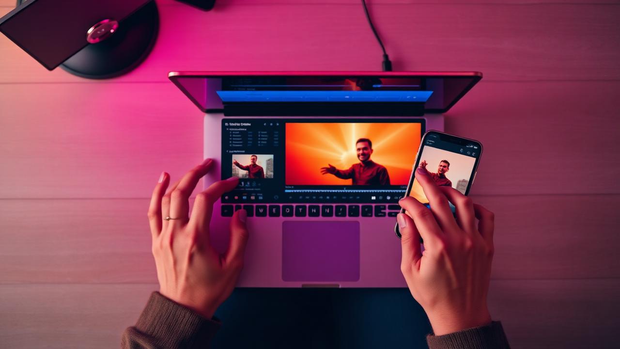 Mãos editando vídeo vertical em laptop com luz neon
