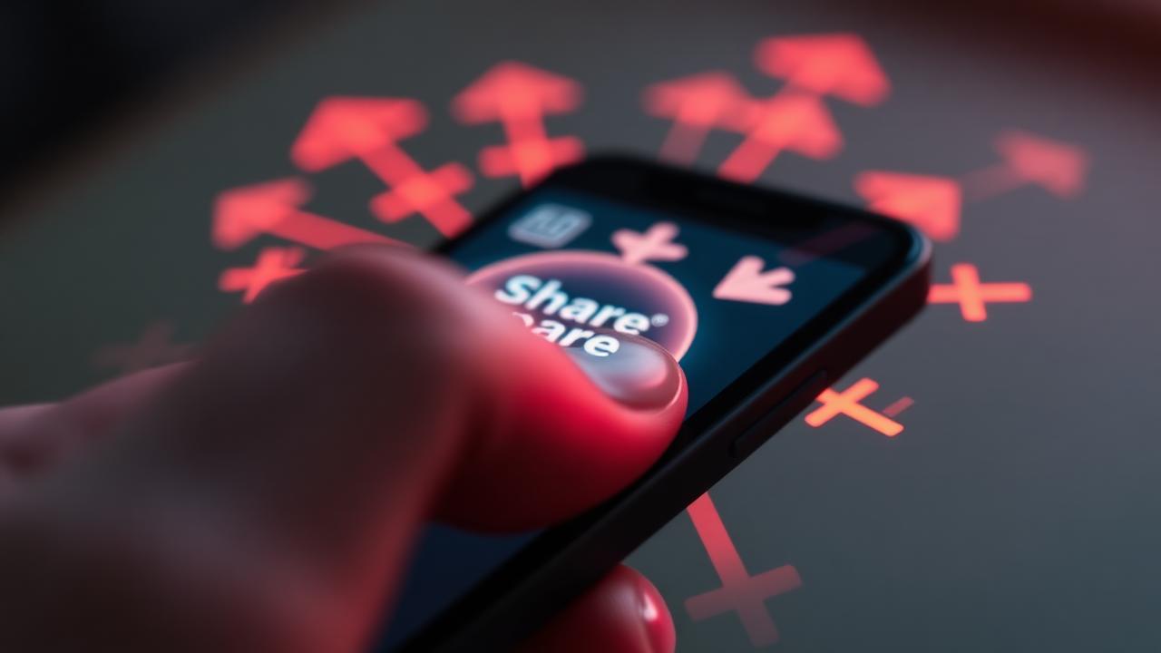 Mão pressionando botão de compartilhar em smartphone