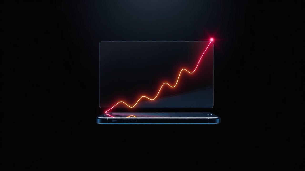 Gráfico de linha crescendo sobre painel de vidro com luz neon