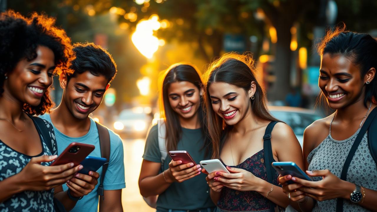 Jovens brasileiros sorrindo e olhando para celulares em rua de São Paulo