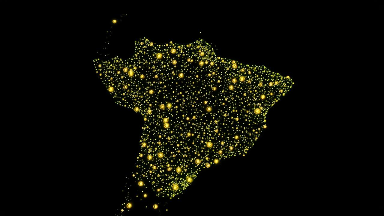 Mapa abstrato do Brasil formado por milhares de pontos brilhantes