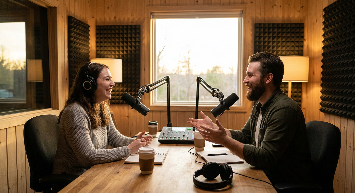 Dois criadores gravando podcast juntos