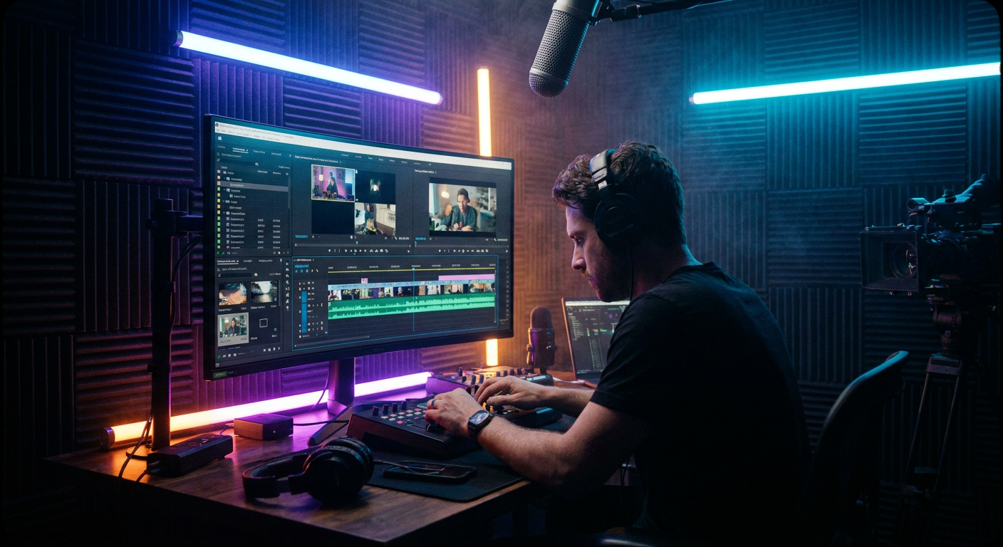 Editor trabalhando em podcast em monitor grande
