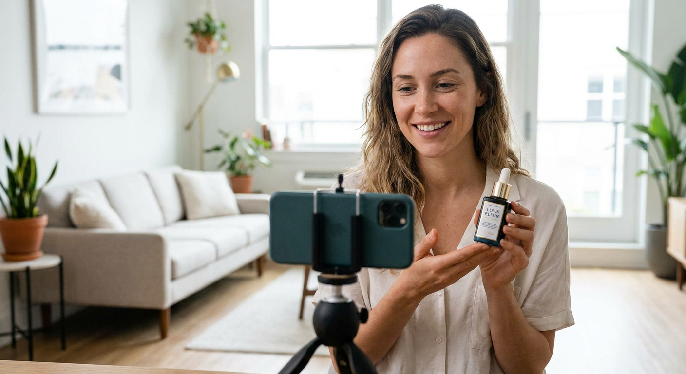 Criadora gravando UGC com smartphone
