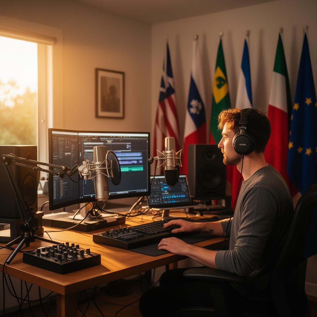 Estúdio com bandeiras internacionais