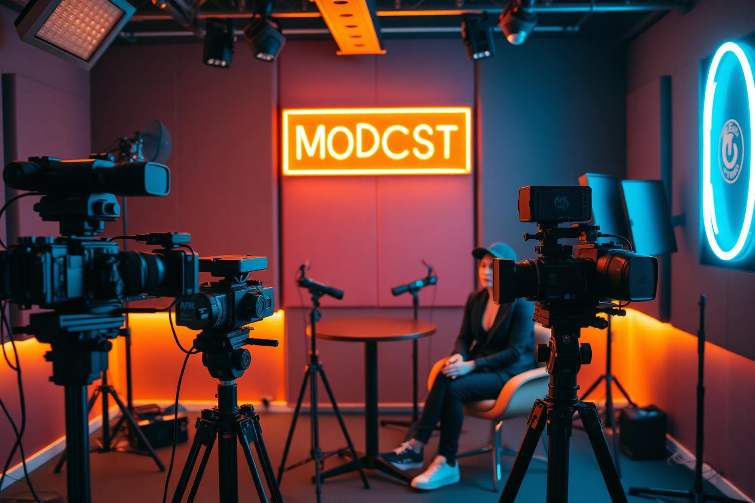 Estúdio profissional de videocast com câmeras e iluminação cinematográfica