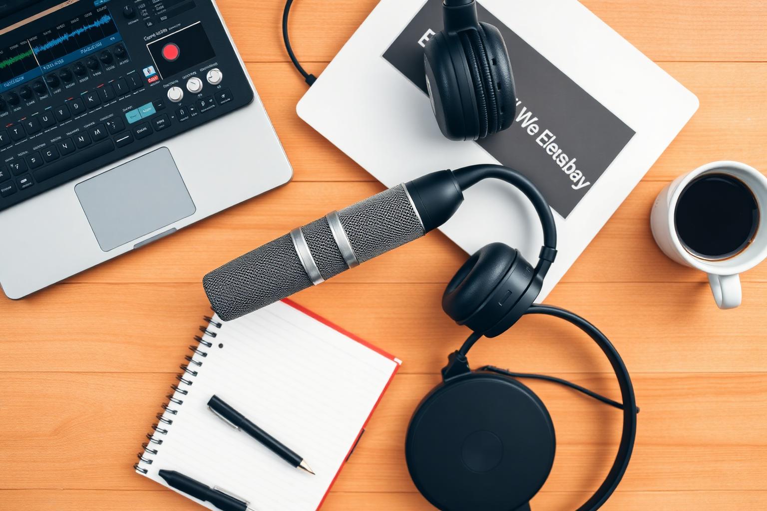Equipamento de podcast organizado em flat lay editorial