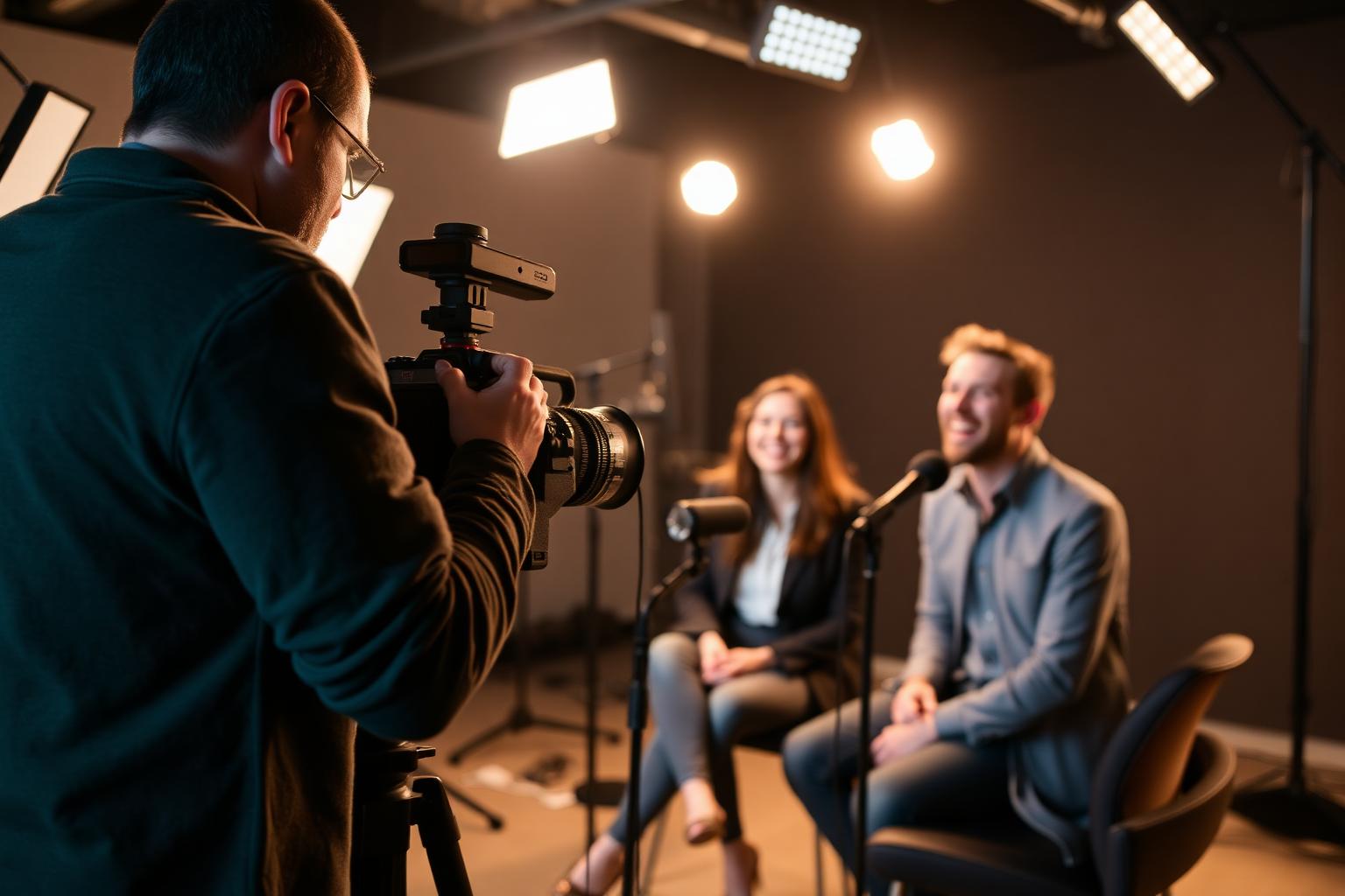 Bastidores de gravação com cinegrafista ajustando câmera