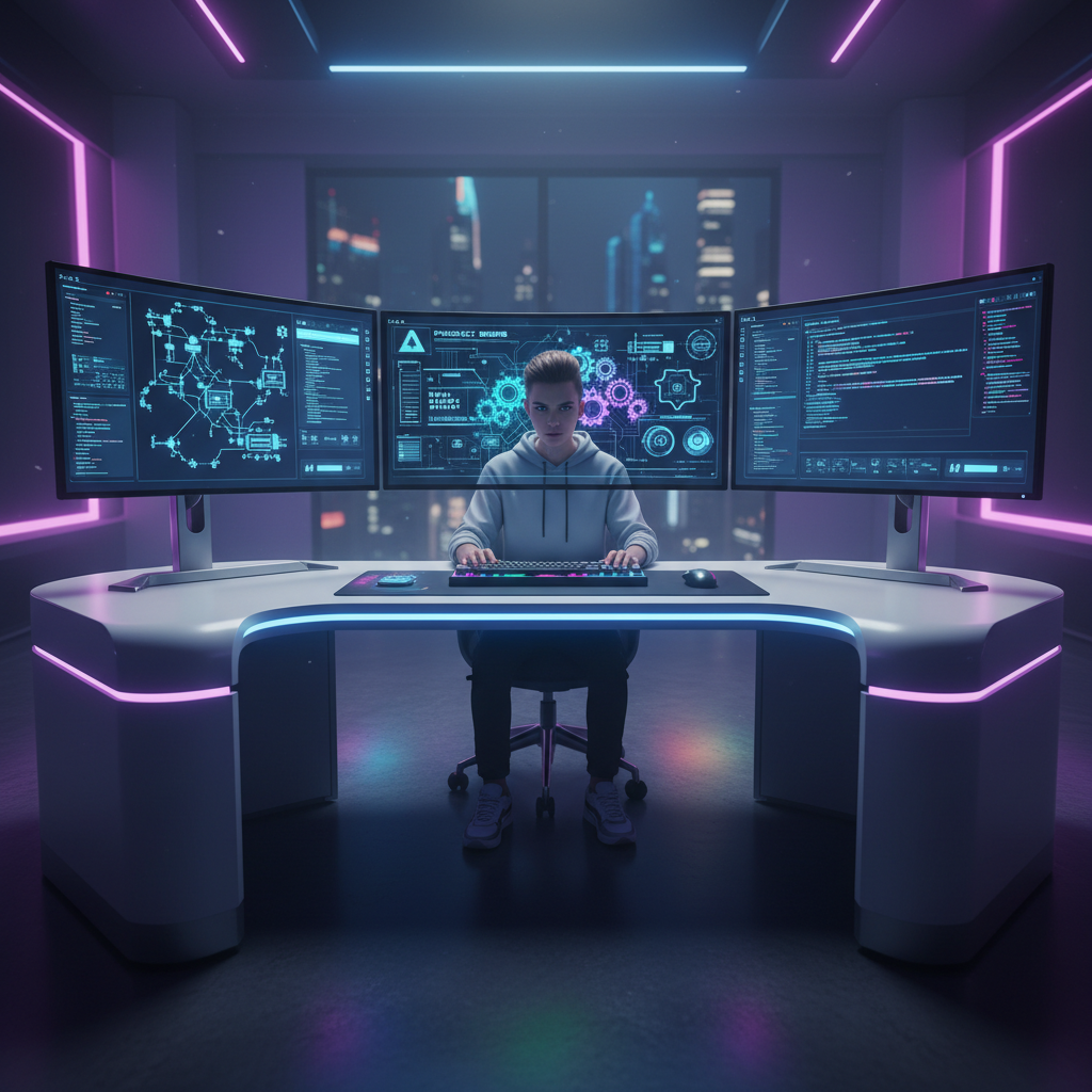 Criador em mesa moderna com três monitores curvos