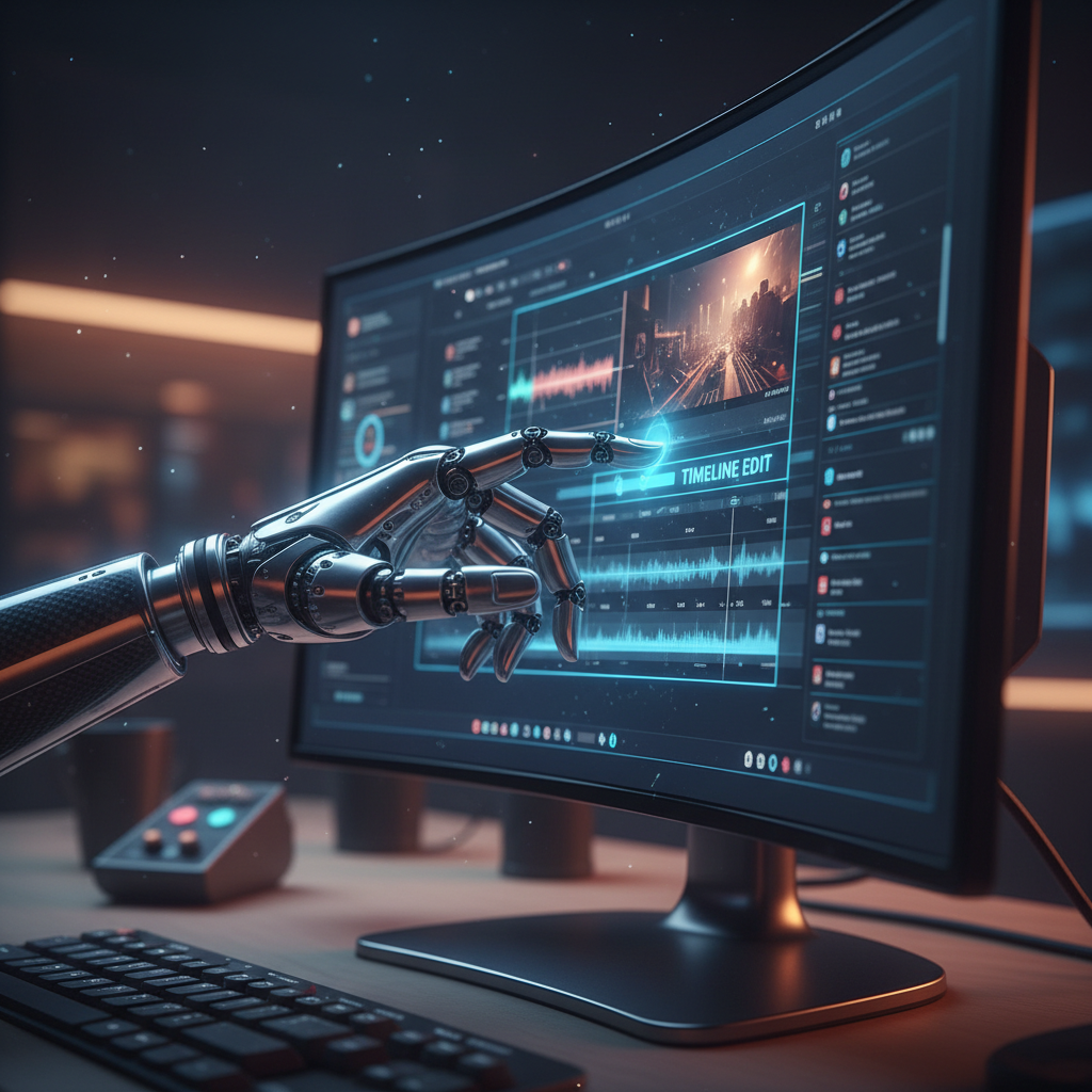 Mão robótica editando timeline de vídeo