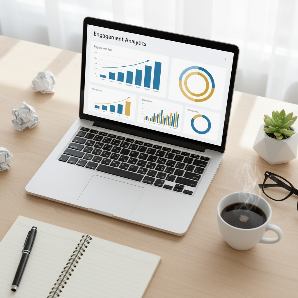 Laptop com dashboard de analytics em flat lay editorial