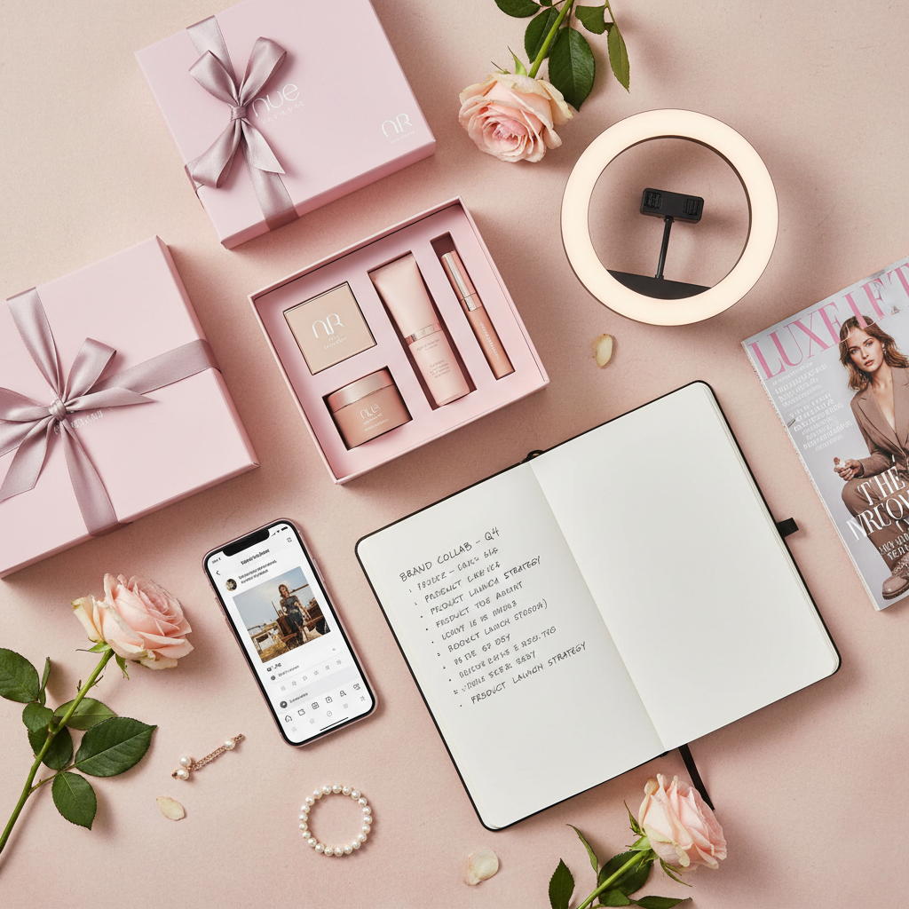 Flat lay de PR package com produtos de marca e smartphone
