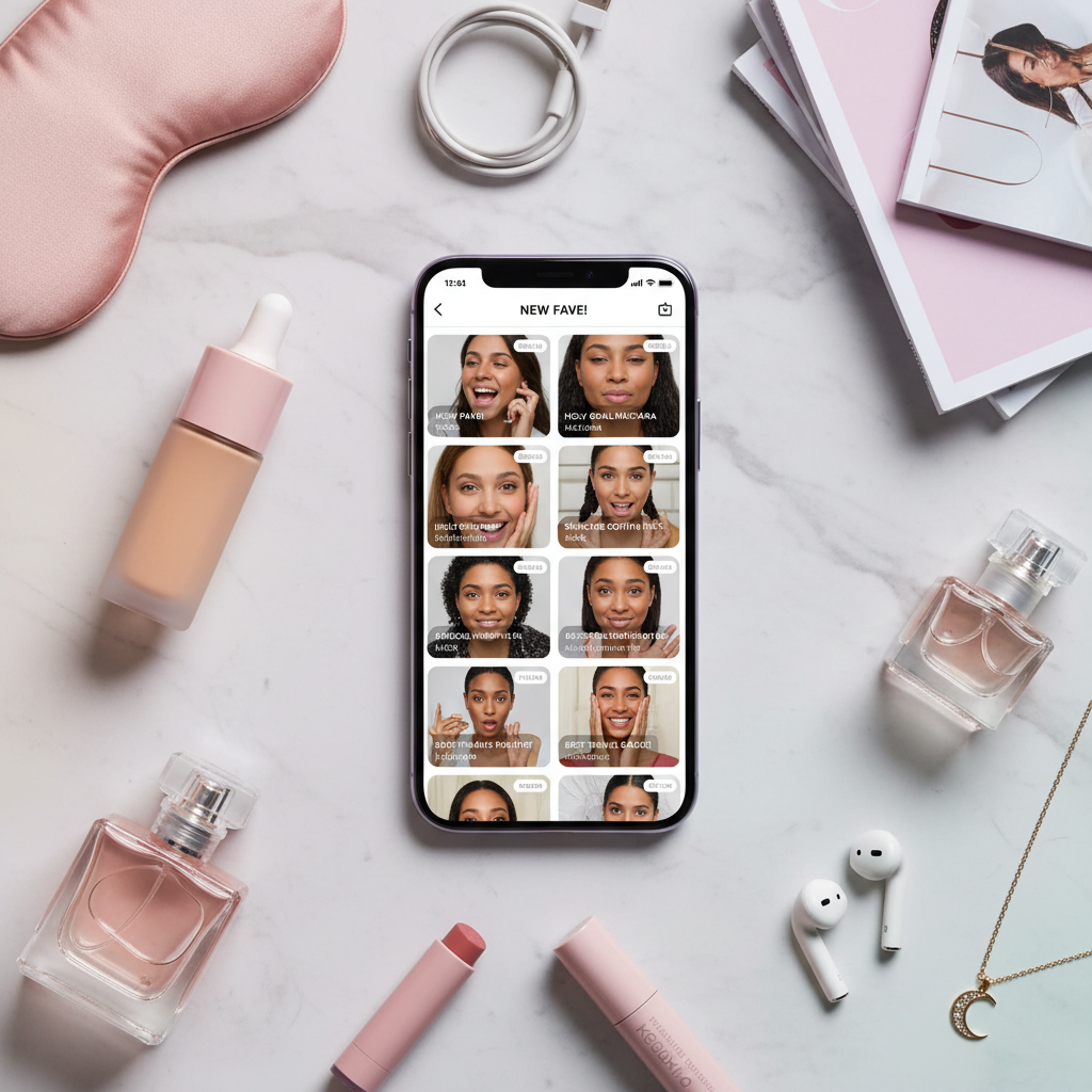 Smartphone com vários thumbnails de vídeos UGC em flat lay
