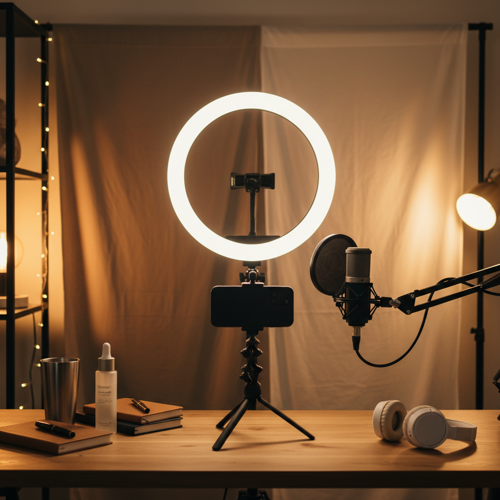 Setup completo de criação de conteúdo em casa com ring light