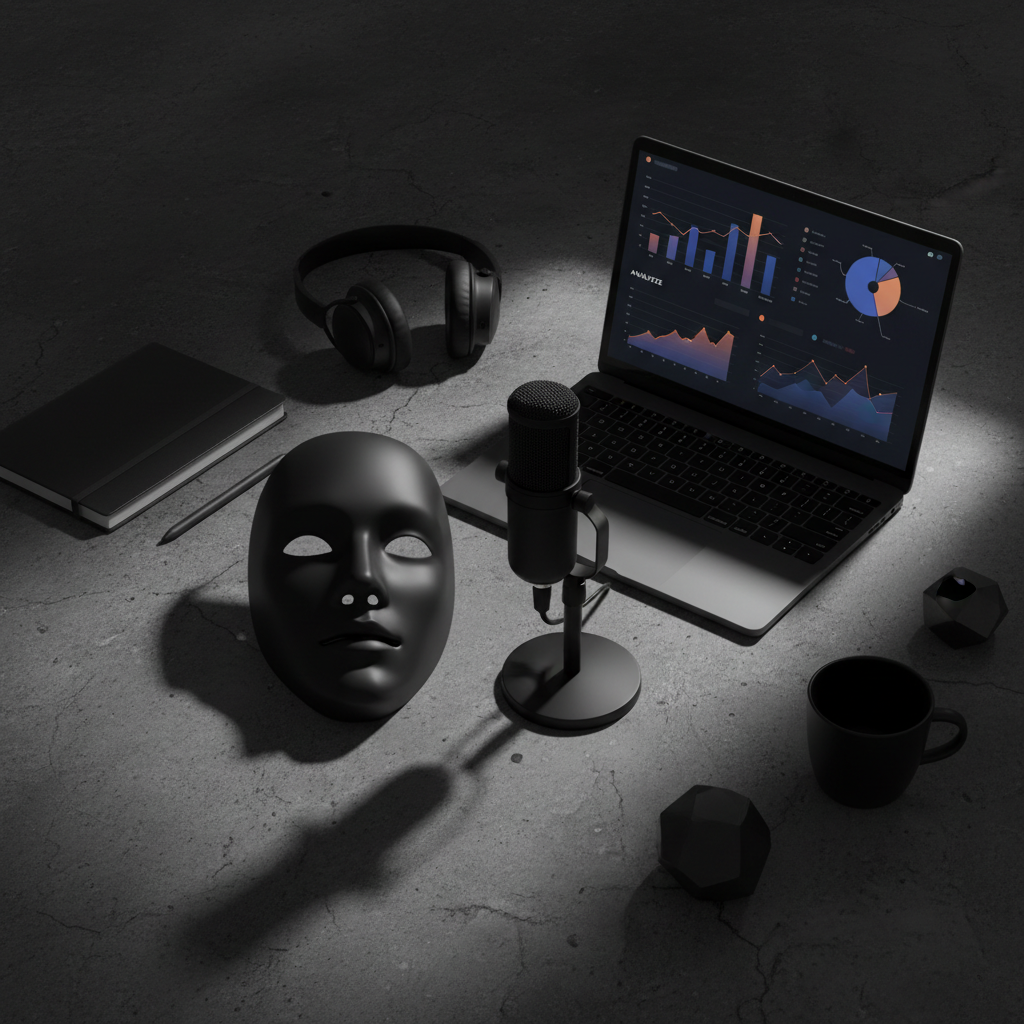 Flat lay de workspace faceless com máscara, microfone e laptop