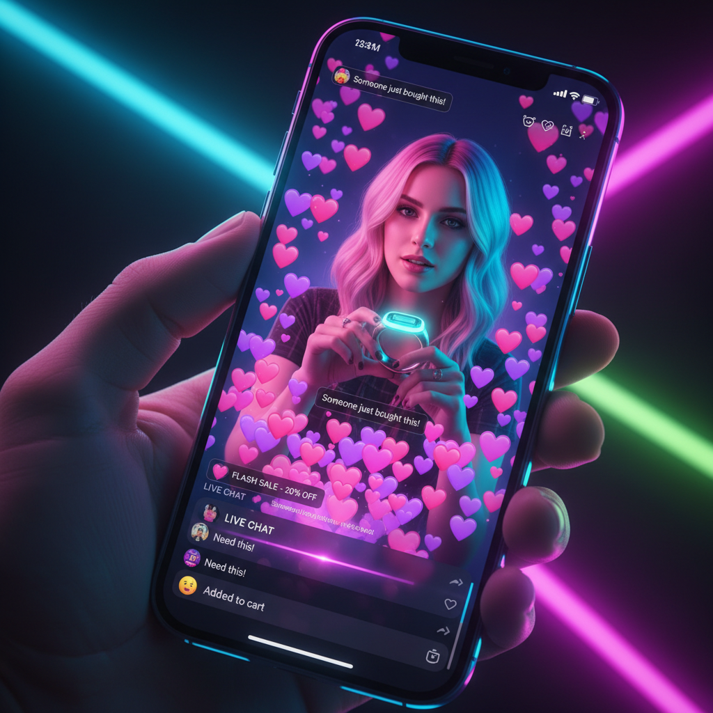 Tela de smartphone com live de compras e notificações