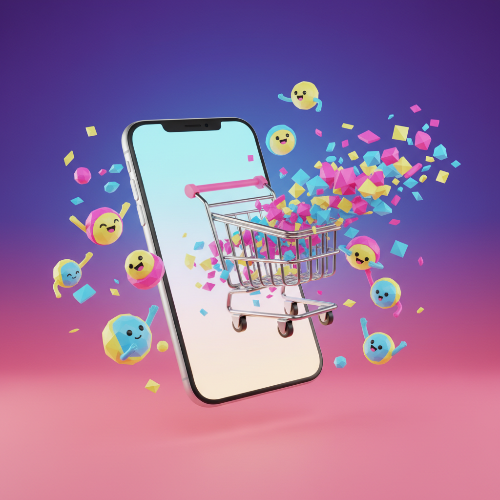Carrinho de compras saindo do celular em 3D