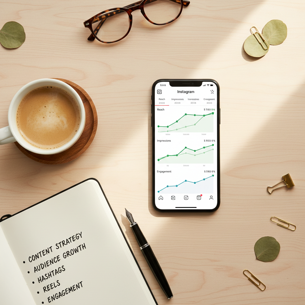 Mesa de criador com analytics mostrando crescimento e palavras-chave anotadas