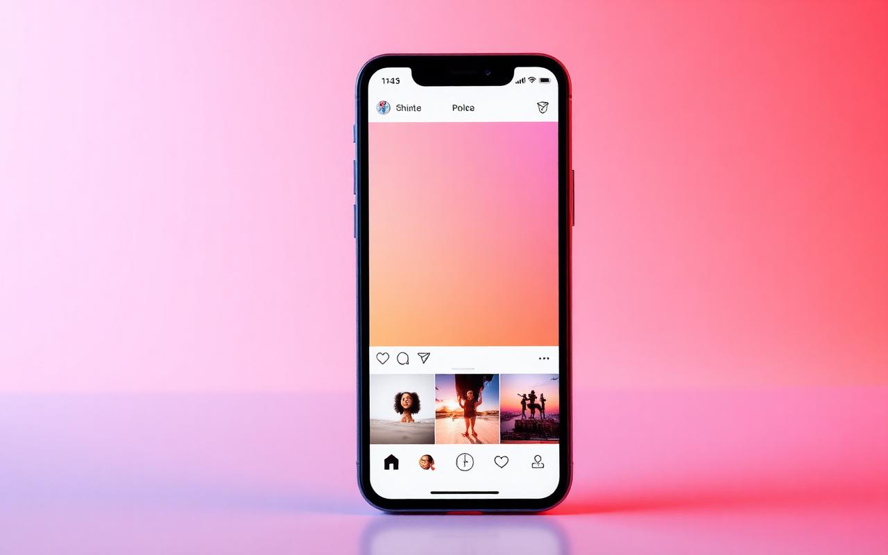 Smartphone com carrossel Instagram em fundo rosa