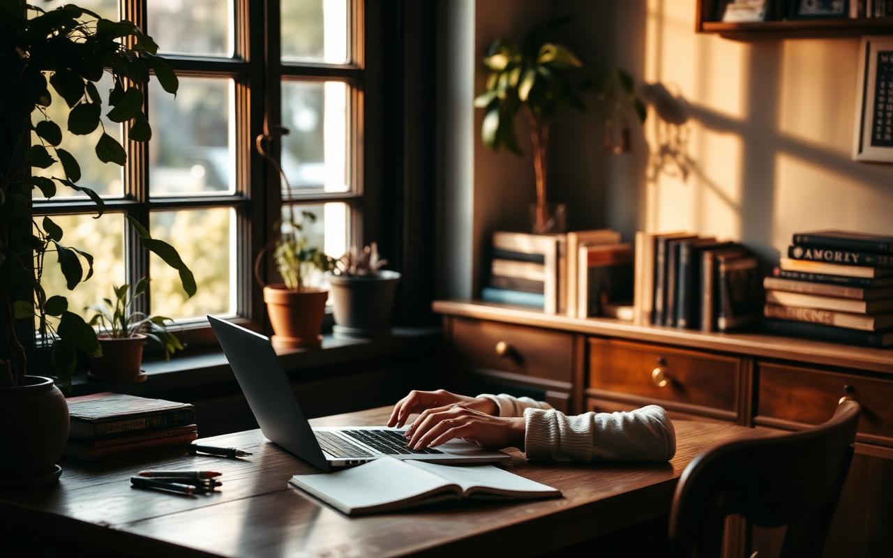 Mãos segurando tablet com newsletter em ambiente cozy