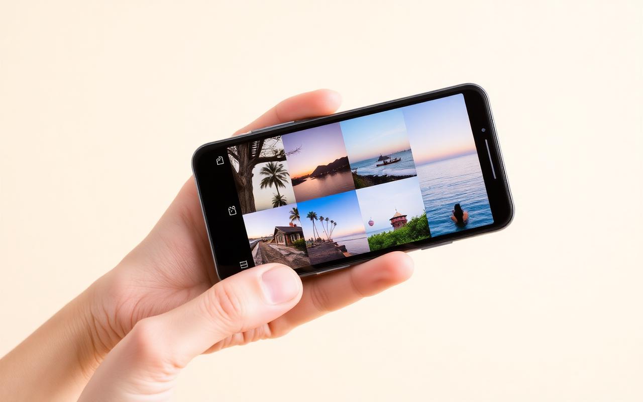Smartphone com feed Pinterest em tons pastel