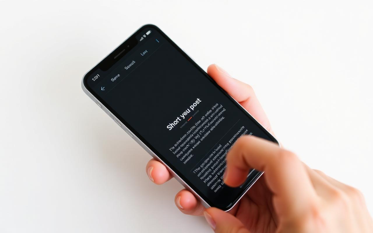 Smartphone com feed de texto em desk escuro