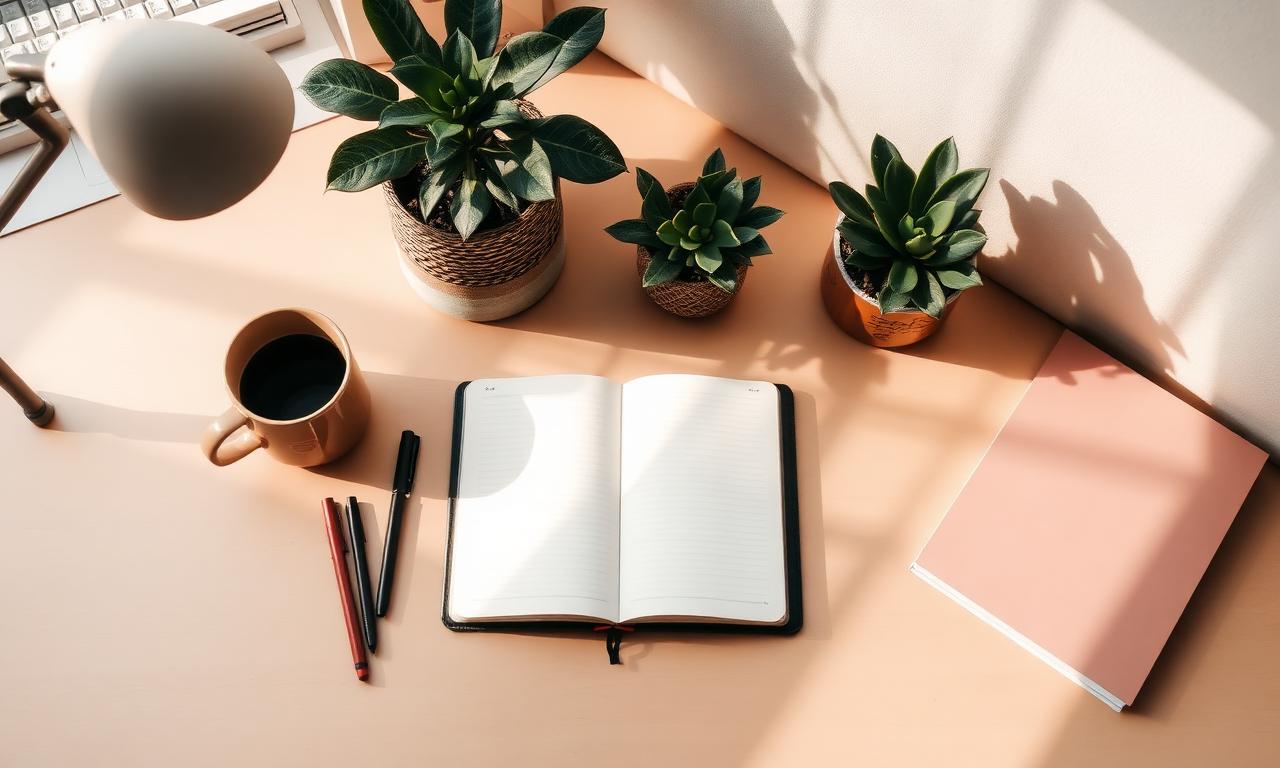 Mesa com bullet journal aberto, canetas e plantas