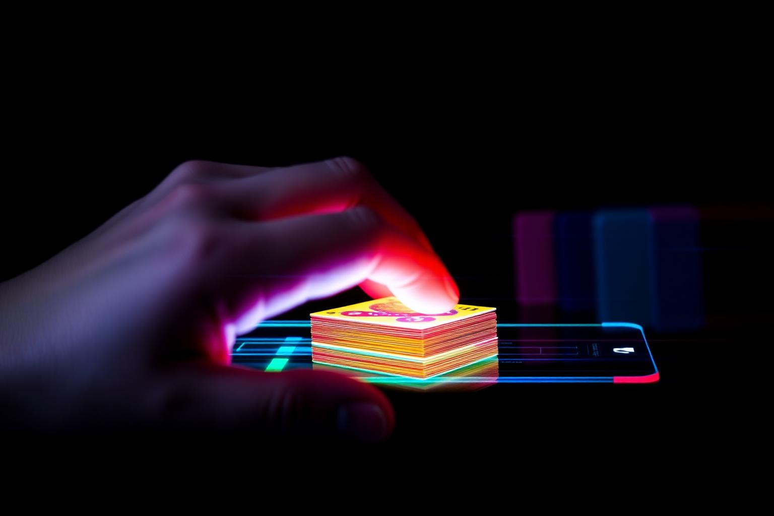 Mão deslizando cartas coloridas com efeito neon