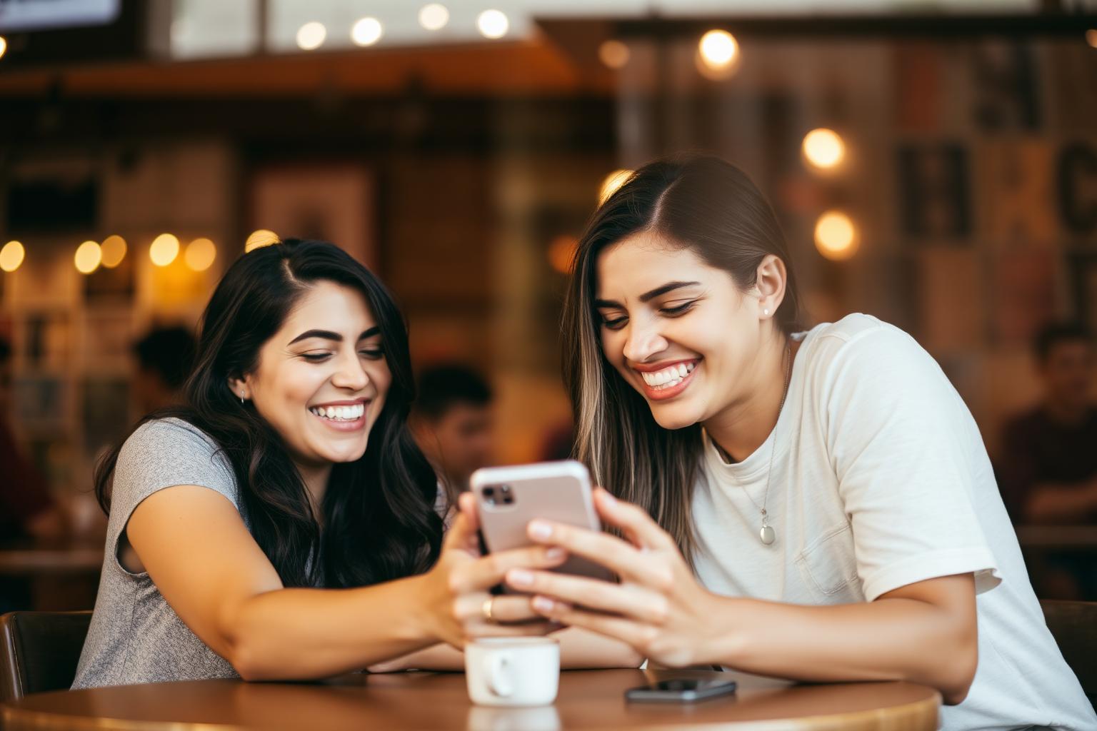 Duas amigas rindo enquanto olham celular em café