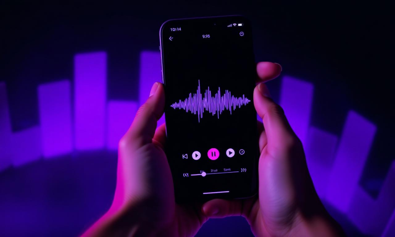 Mãos segurando smartphone com visualização de ondas sonoras