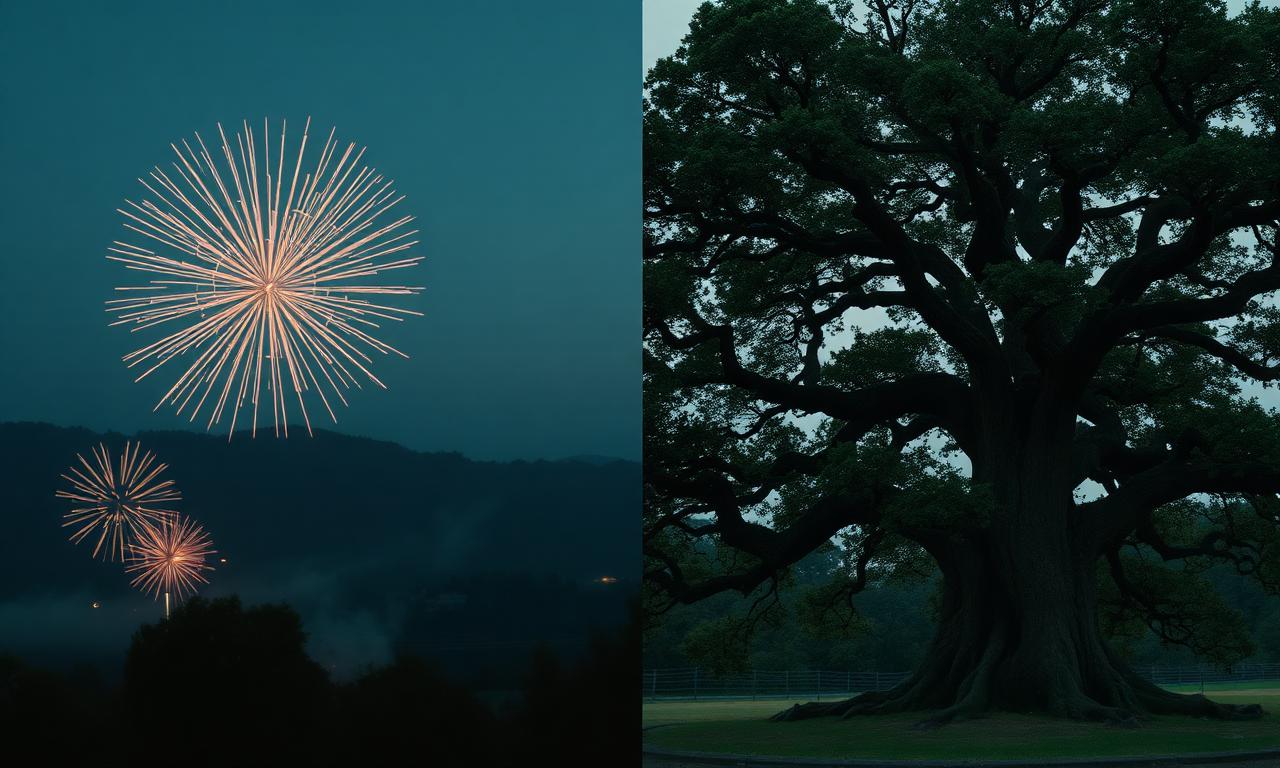 Comparação visual entre fogos efêmeros e árvore antiga duradoura