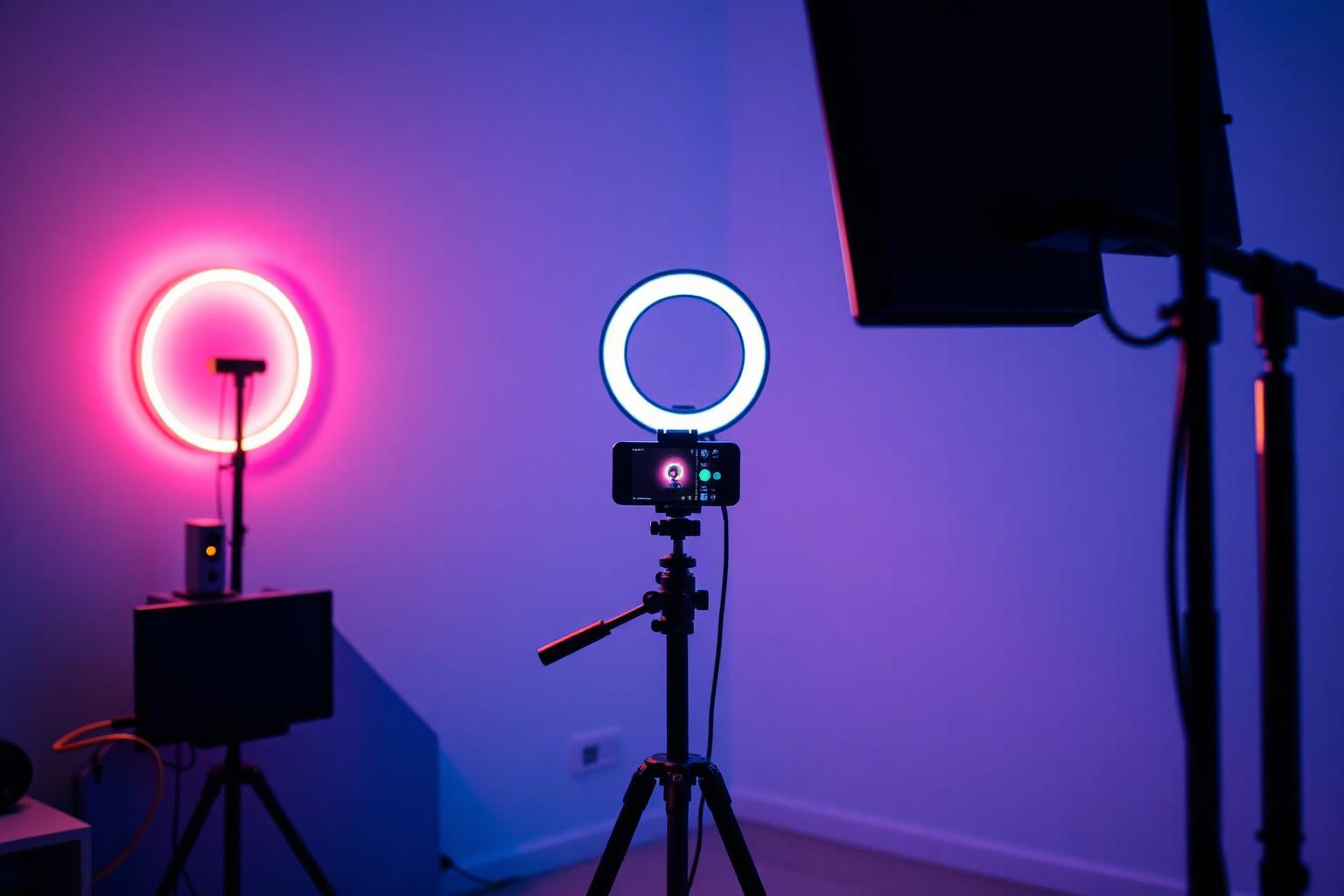 Estúdio caseiro com ring light e luzes neon