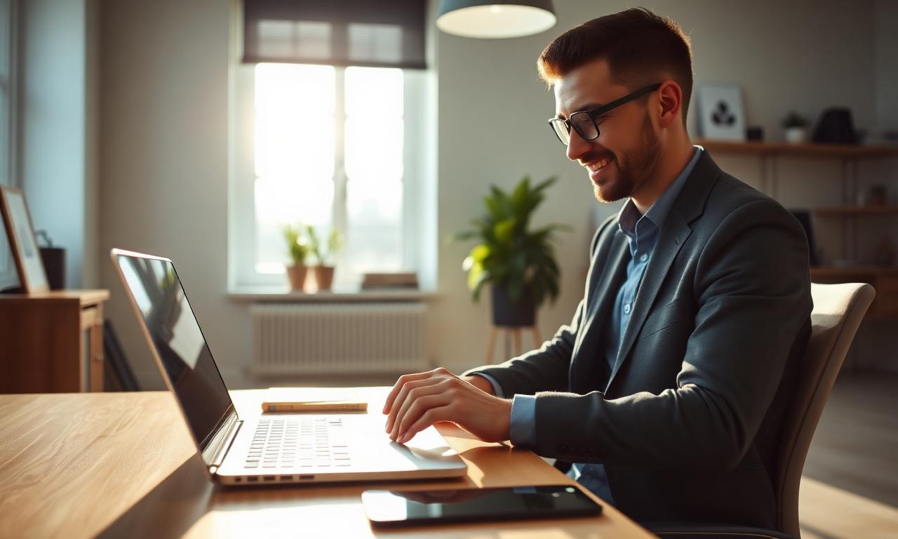 Profissional escrevendo em laptop em escritório minimalista