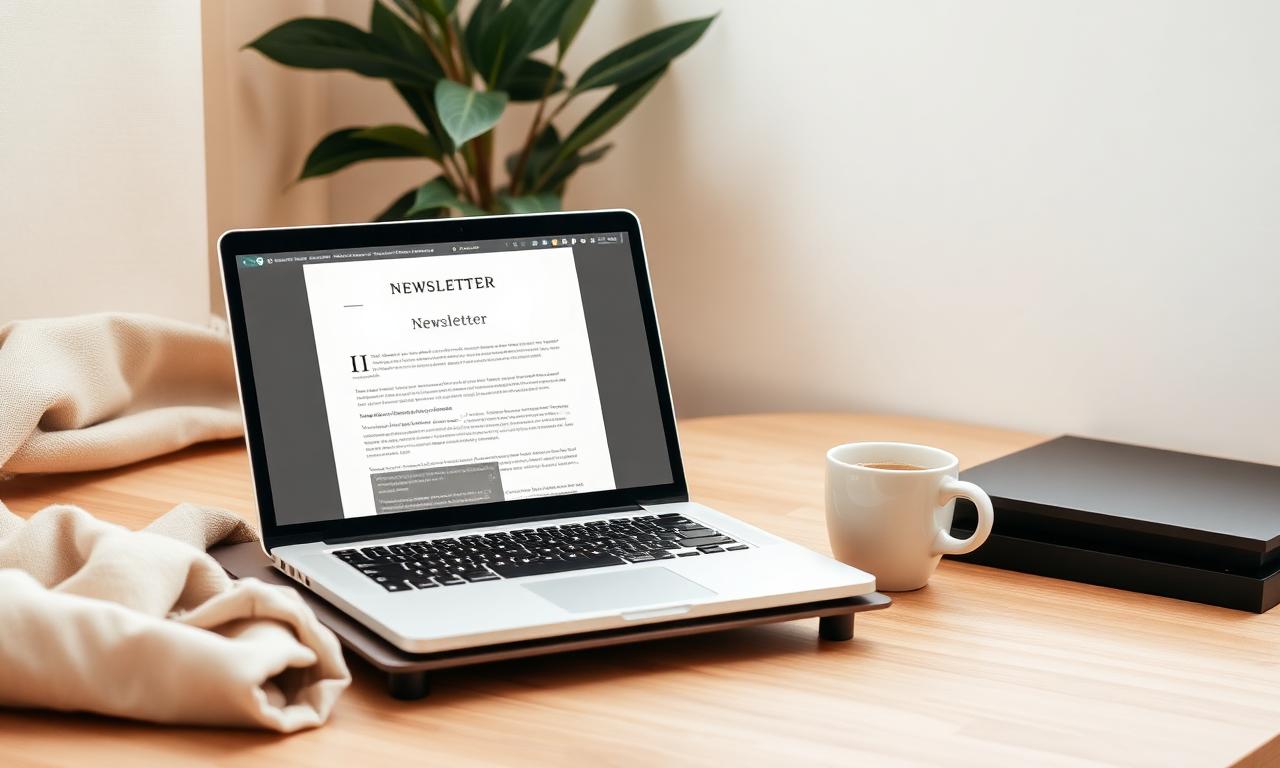 Mesa aconchegante com laptop aberto em rascunho de newsletter