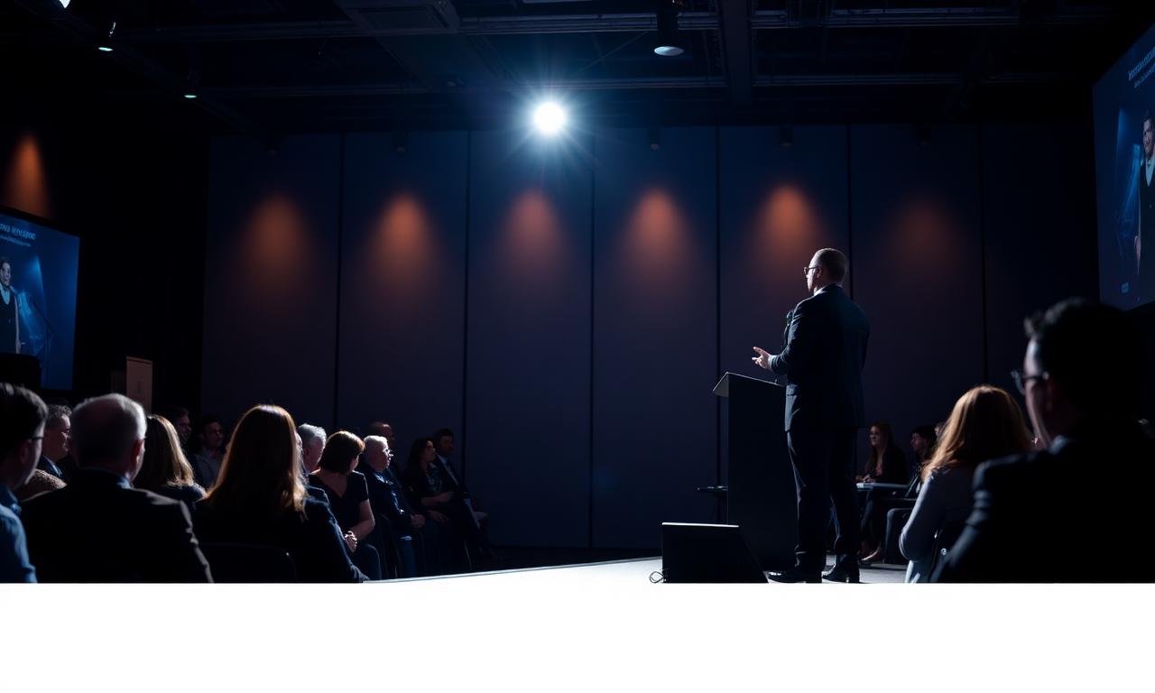 Palestrante no palco em conferência de negócios