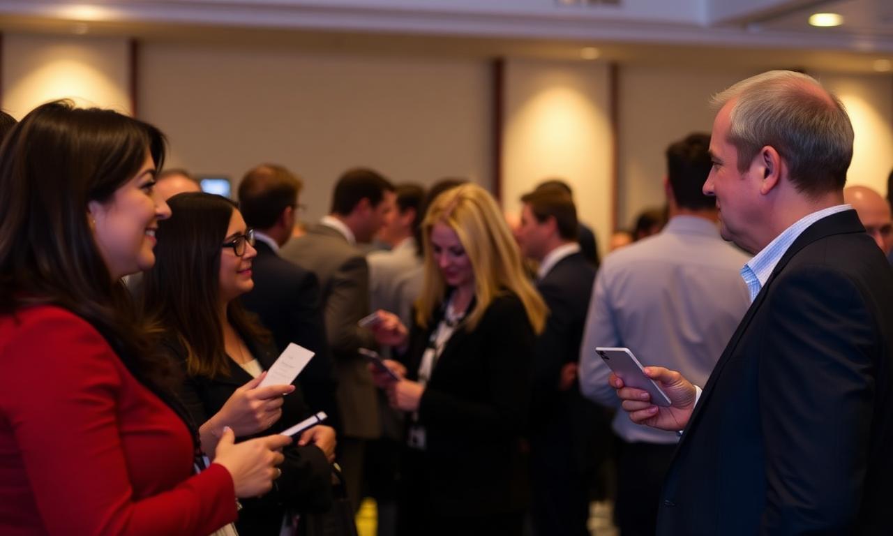 Pessoas em evento de networking trocando contatos