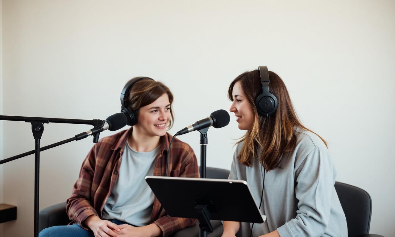 Dois apresentadores em gravação de podcast