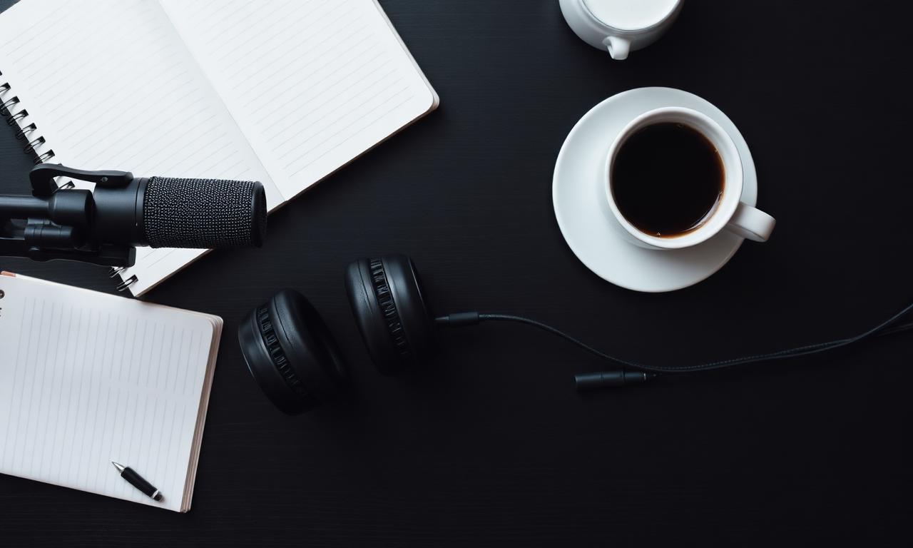 Equipamento de podcast organizado em flat lay