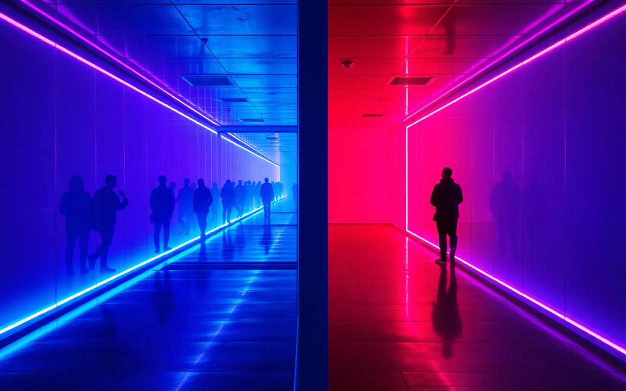 Dois caminhos em corredor neon