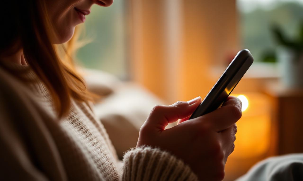 Pessoa lendo mensagens em celular em ambiente aconchegante